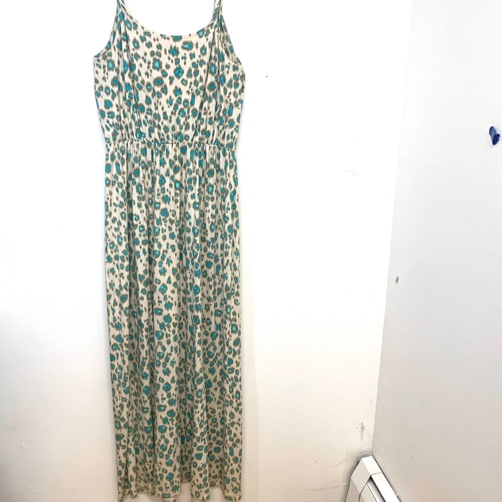 LOFT Teal Leopard Print Sleeveless Maxi Sun Dress Medium Cinch Waist Stretch